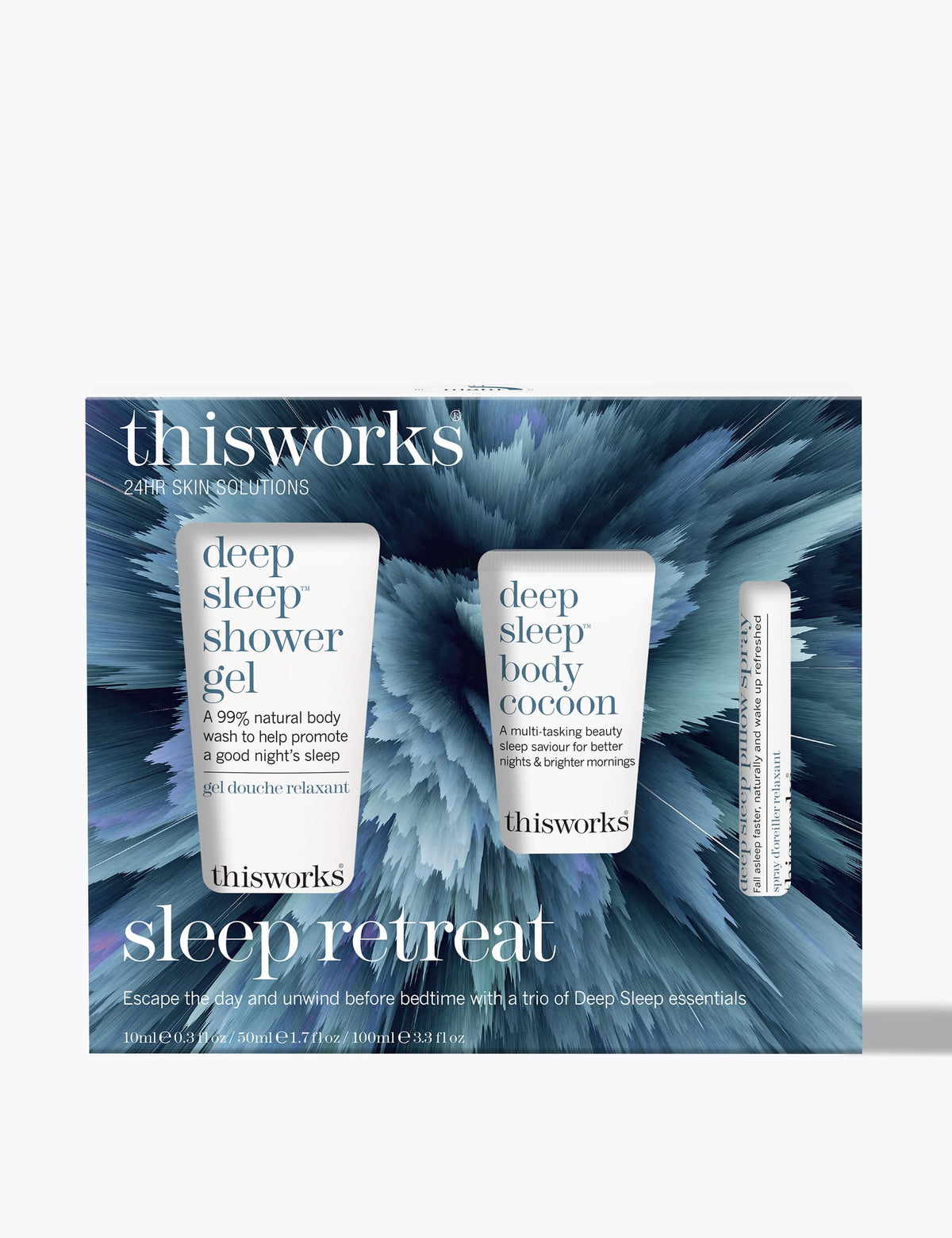 this works Sleep Retreat Kit with 50ml, 100ml, and 10ml sizes (British brand)