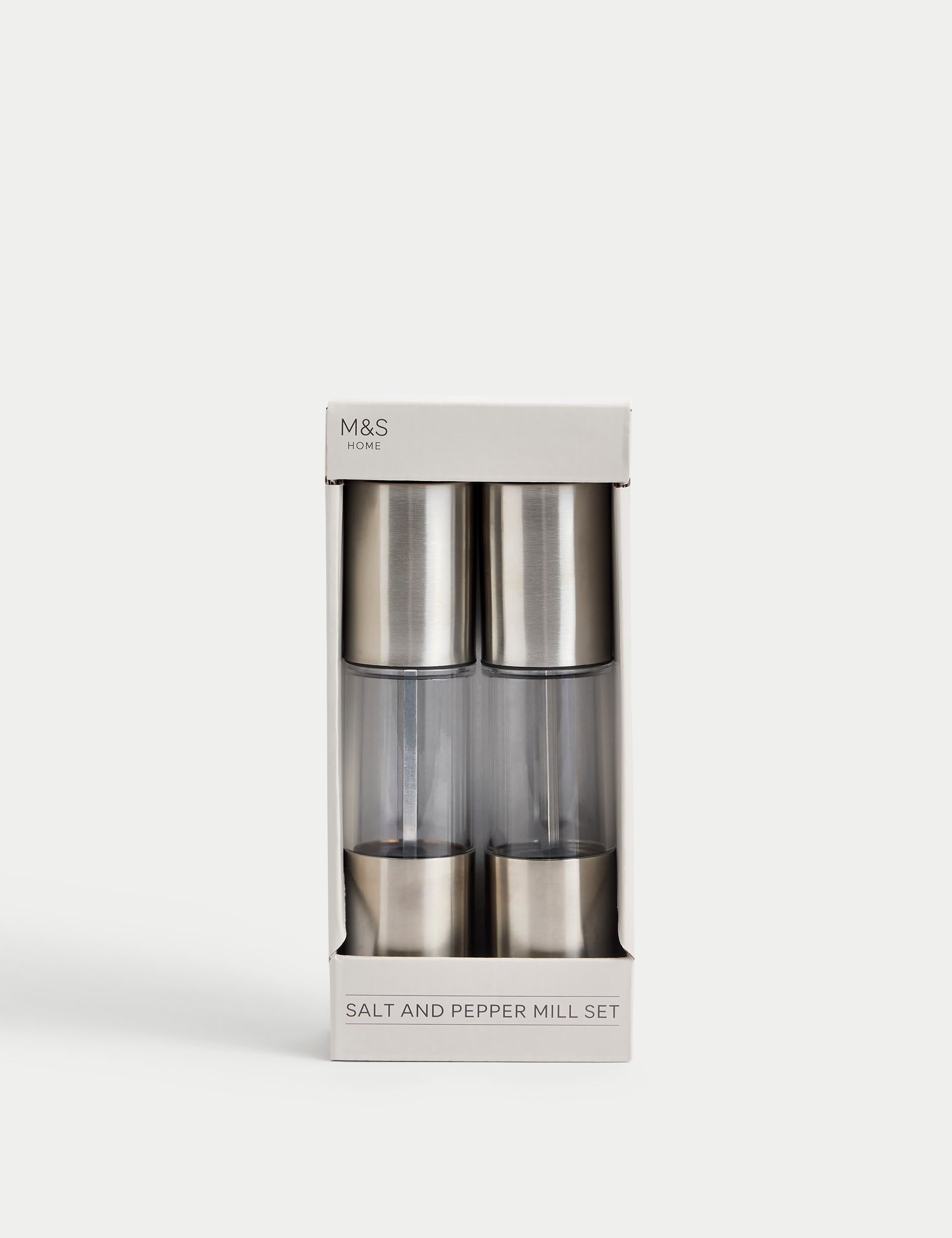 Stainless steel salt and pepper mills (British brand)