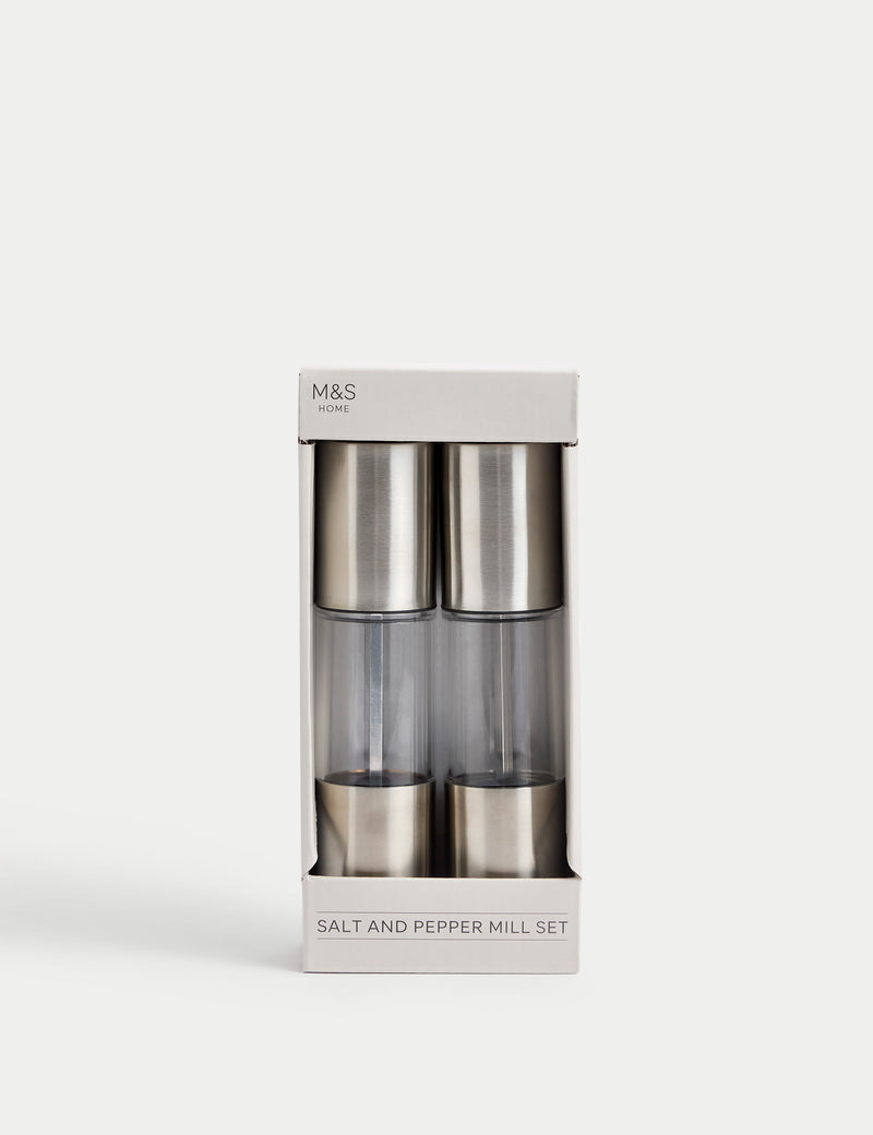 Stainless steel salt and pepper mills (British brand)