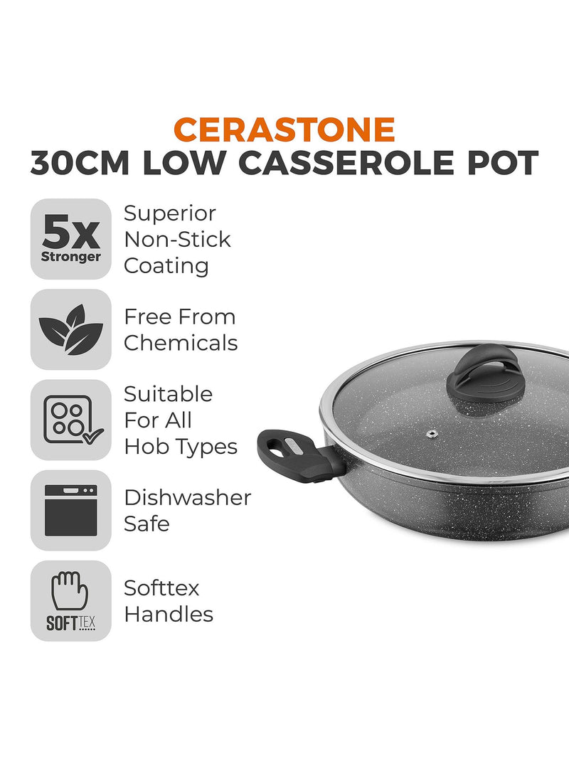 Tower Grey Cerastone 30cm Low Casserole Pot with Lid