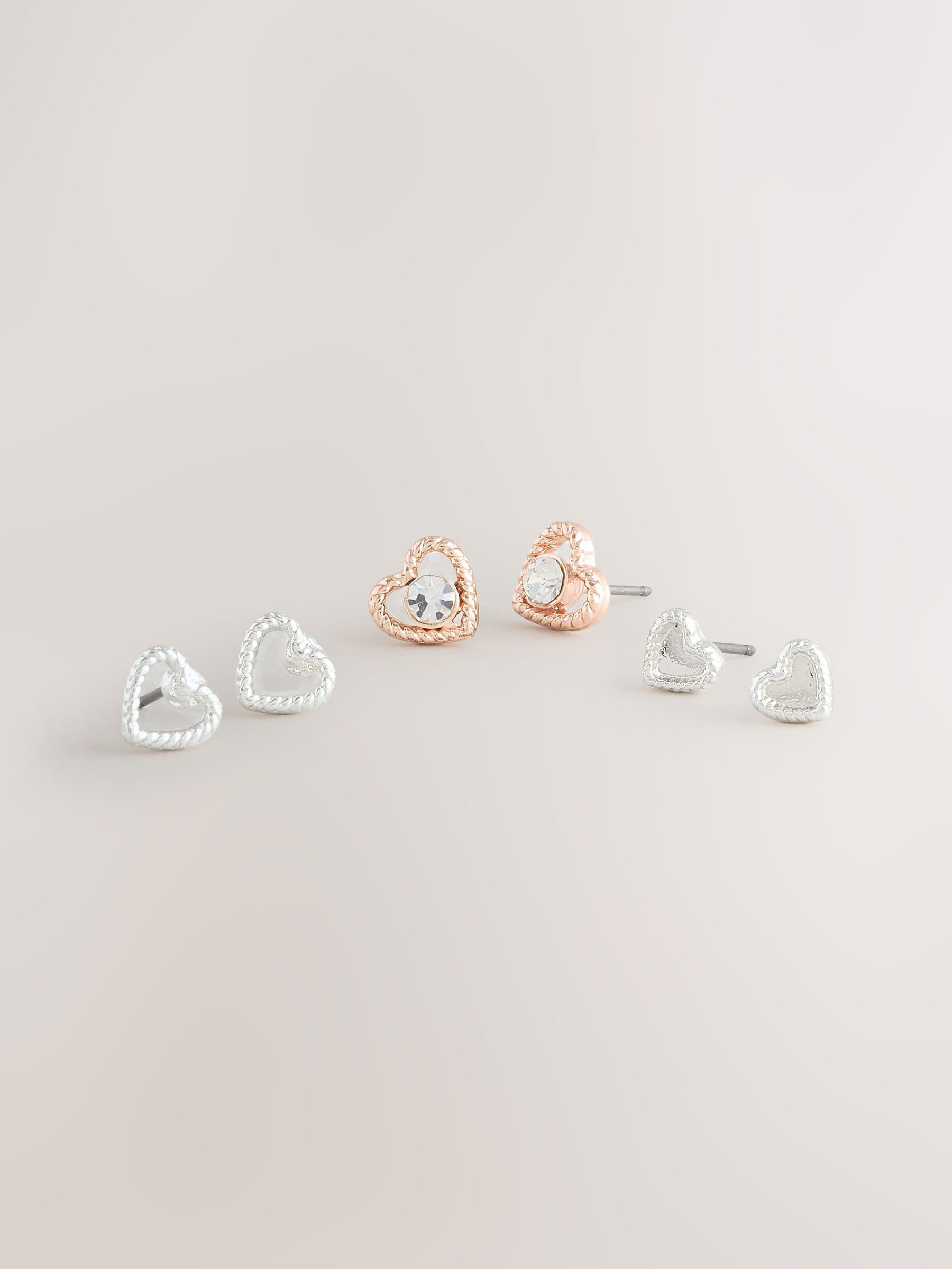 Rose gold and silver heart stud earrings, 3 pack imported from UK