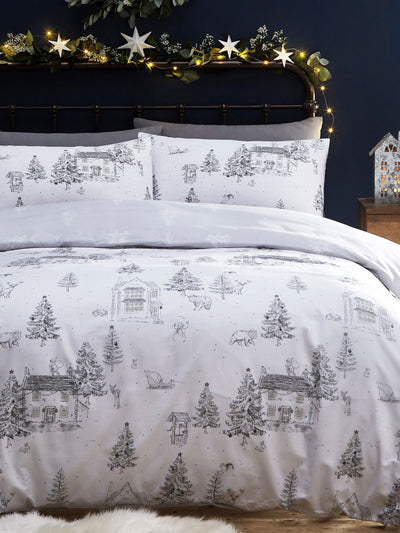 White Midwinter Toile Christmas Duvet Cover and Pillowcase Set