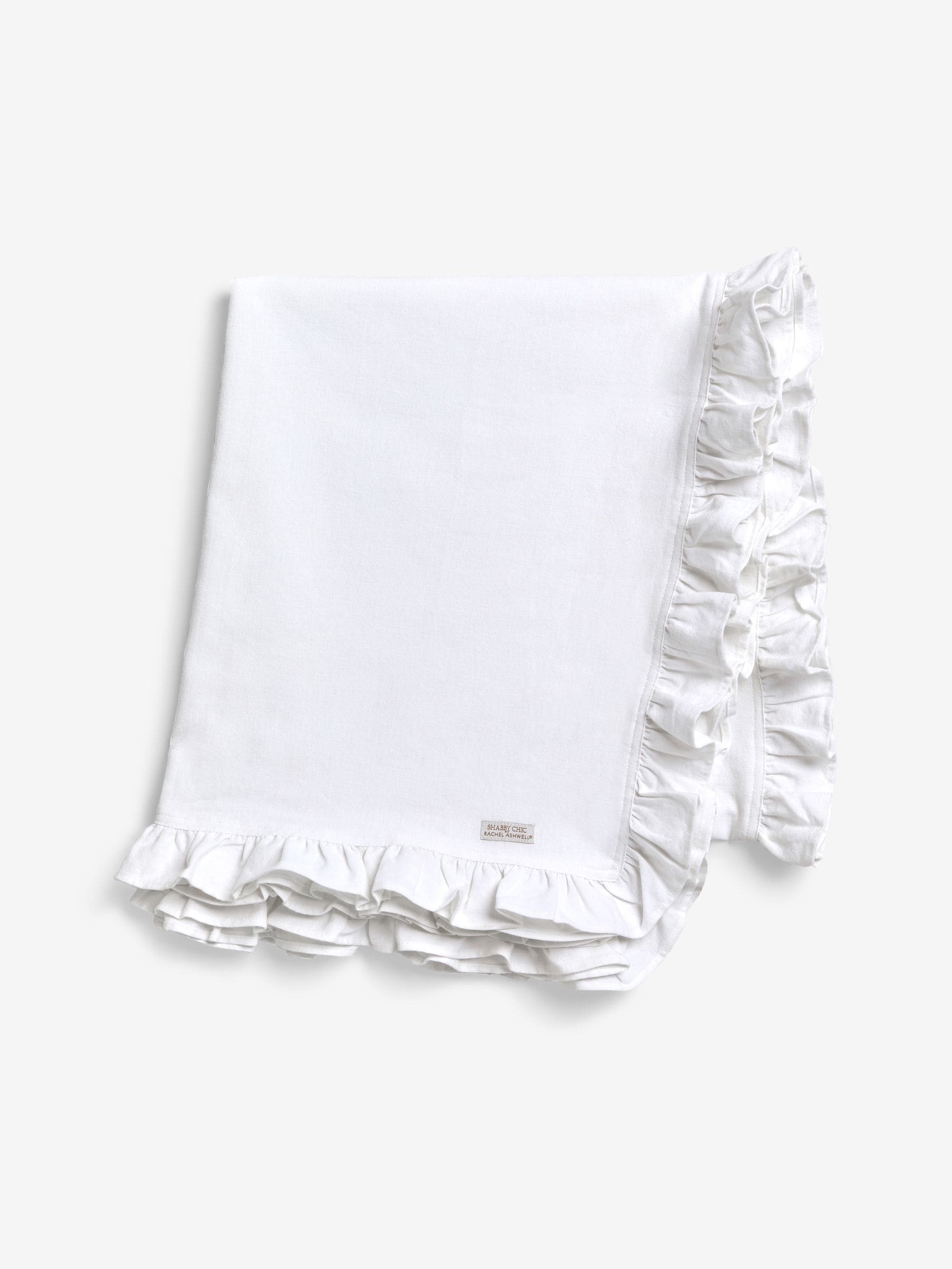 White Ruffle Trim Tablecloth in Cotton and Linen Blend