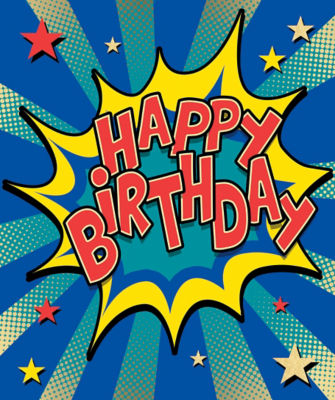 Birthday card with comic design and envelope, 154mm x 184mm, imported from the UK