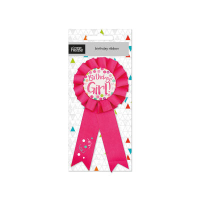 George Home pink ribbon badge for girls' birthdays, UK version