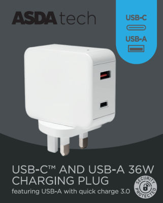 ASDA Tech Mains Charger with USB-A and USB-C ports - British product