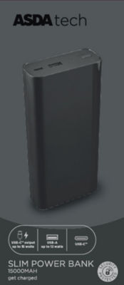 ASDA Tech Slim Powerbank - Black 15,000mAh