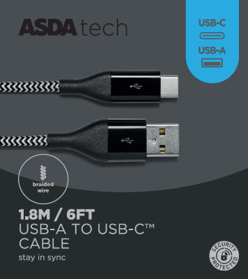 ASDA Tech USB-A to USB-C cable black 1.8m - British product
