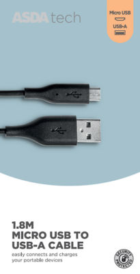 ASDA Tech Micro USB Cable Black 1.8m - British product