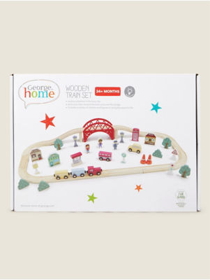 George Home multi-coloured wooden train playset with vehicles and figures 32x23x9.5cm, UK version