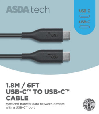 ASDA Tech Type C to Type C Cable Black 1.8m USB Charging Cable