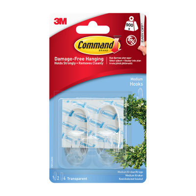 Command Clear Hooks with Clear Strips Medium 2 Hooks + 4 Strips Adhesive Wall Mounting Set