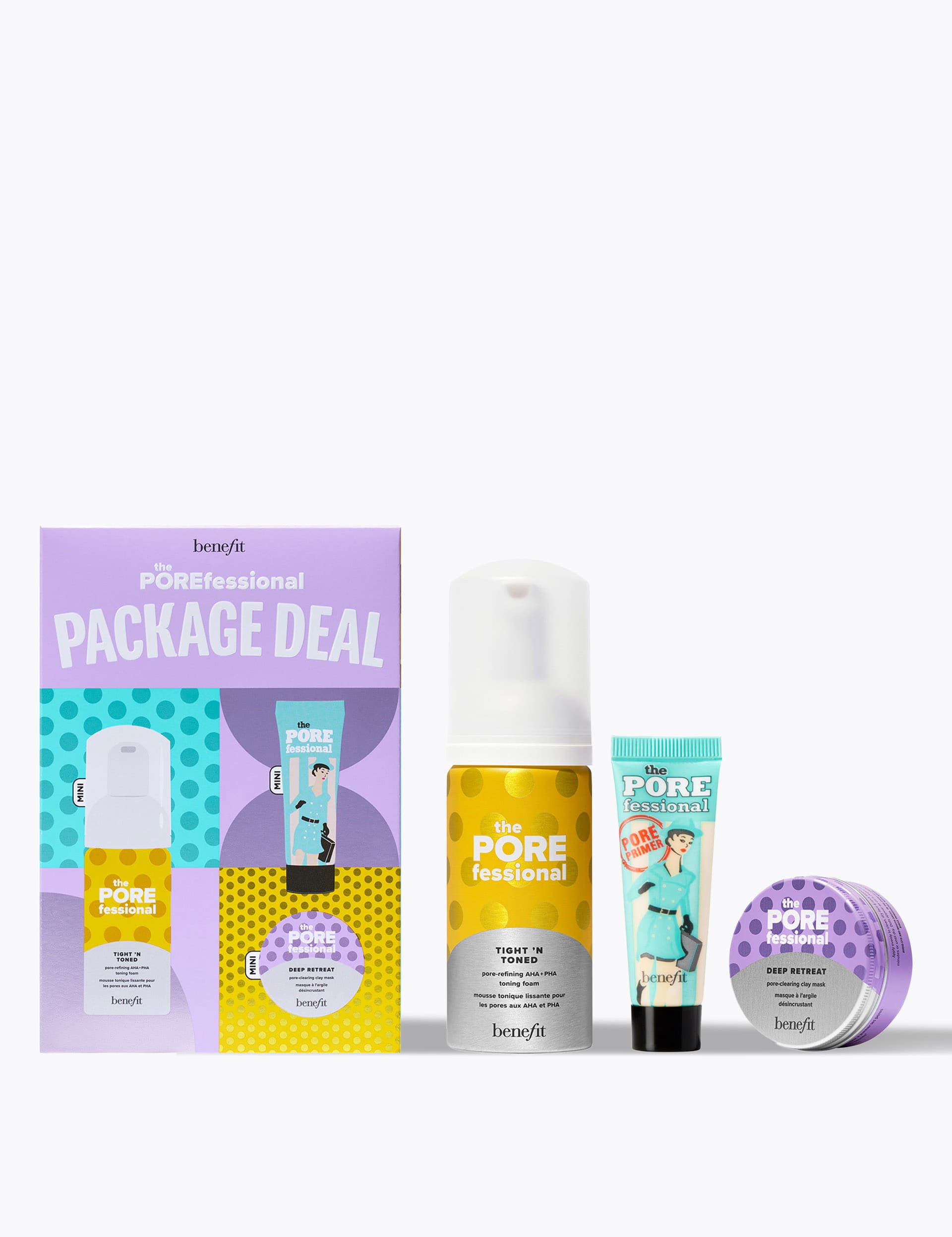 Benefit pore care mini set with primer, toner, and clay mask (British brand)