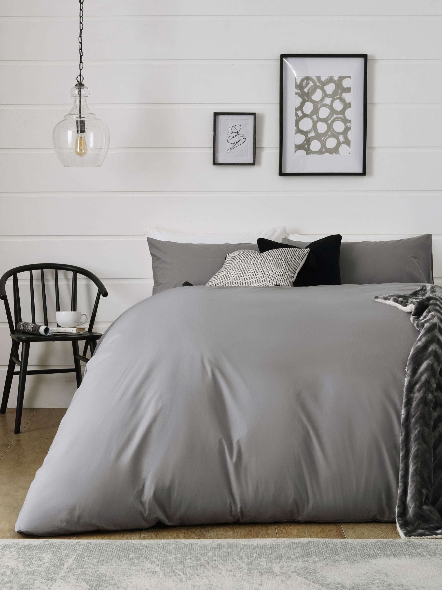 Grey mid cotton rich plain duvet cover and pillowcase set, UK version