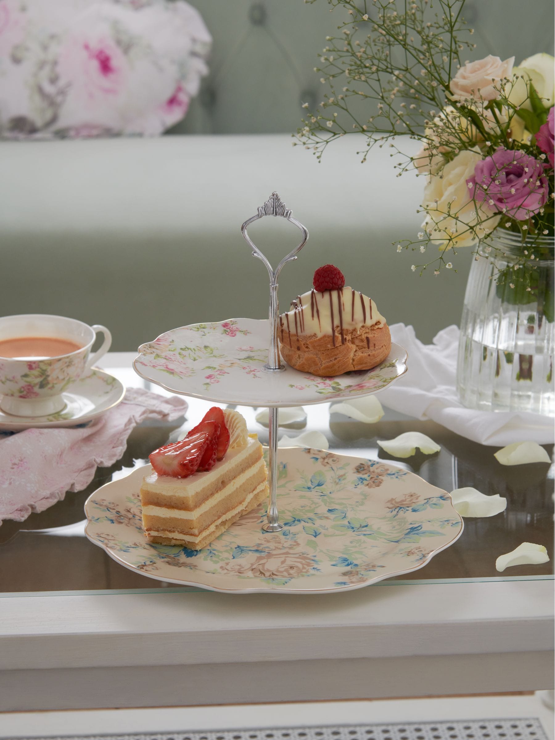 Rachel Ashwell blue floral fine china cake stand, imported from the UK