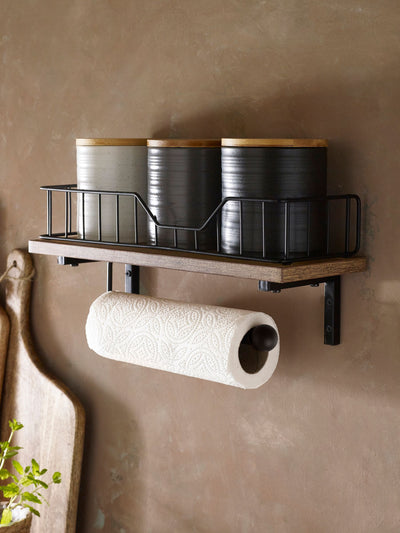 Bronx Black Shelf and Kitchen Roll Holder Wall Mounted Storage Unit 40x14x16cm