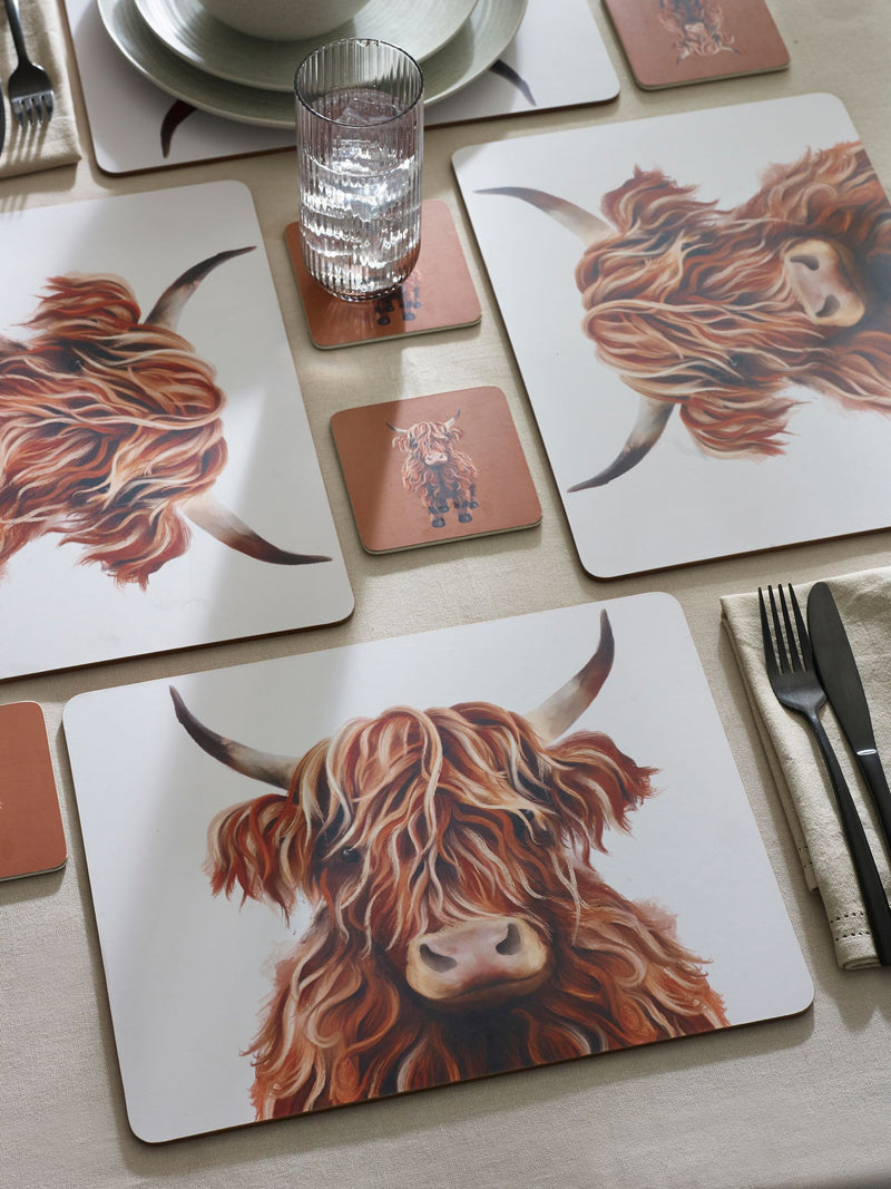 Hamish Highland Cow corkback placemat and coaster set natural UK version