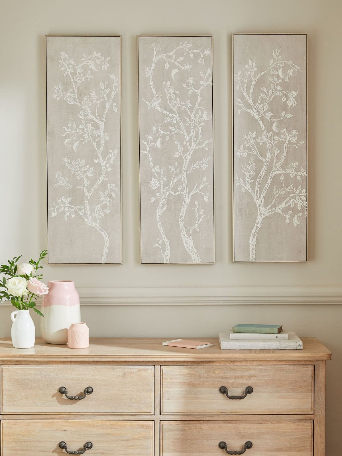 Framed canvas wall art set of 3 natural vintage trees 90x30x3 cm (British brand)
