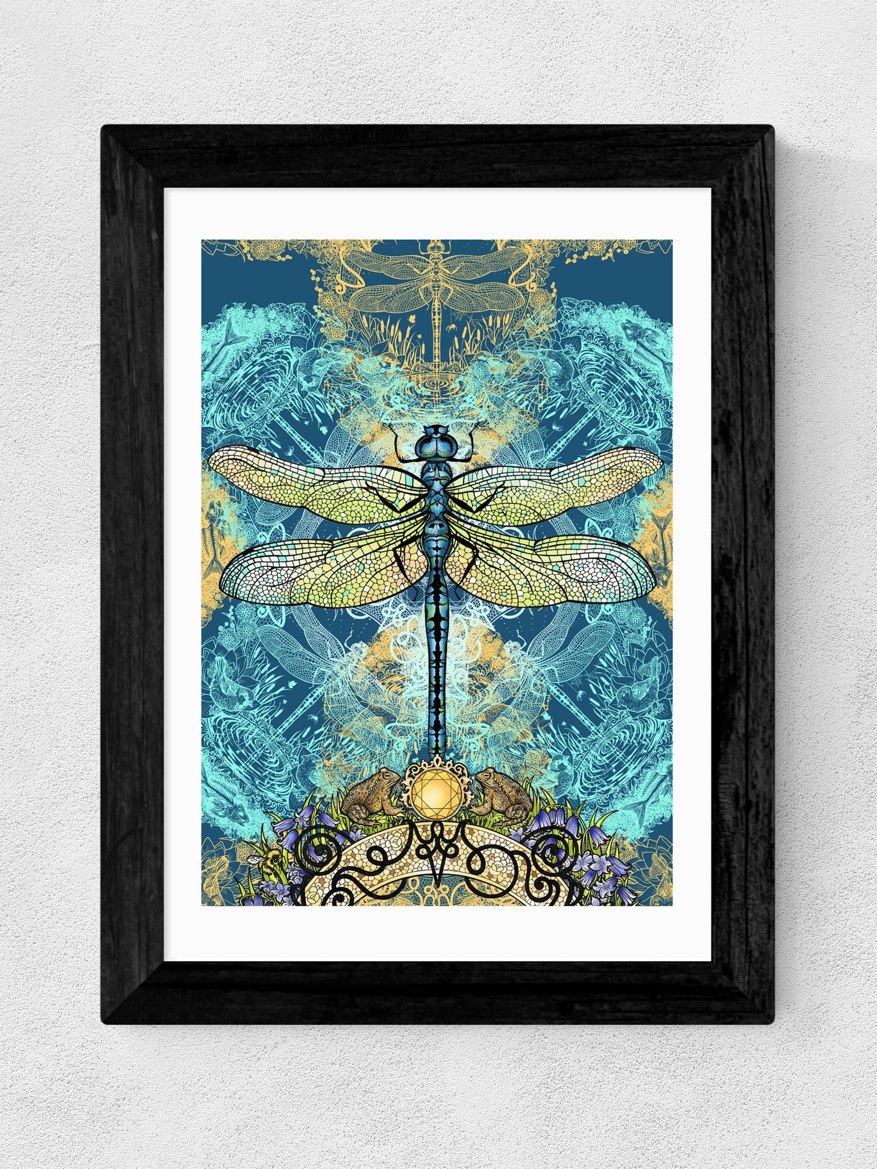 East End Prints Teal Blue Spirited Dragonfly Print by Becca Who
