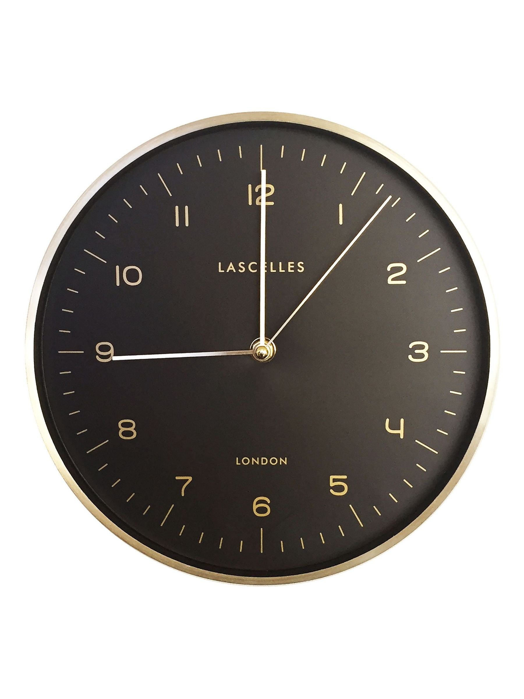 Modern Wall Clock with Gold Metal Case and Black Dial, 24.8cm Diameter
