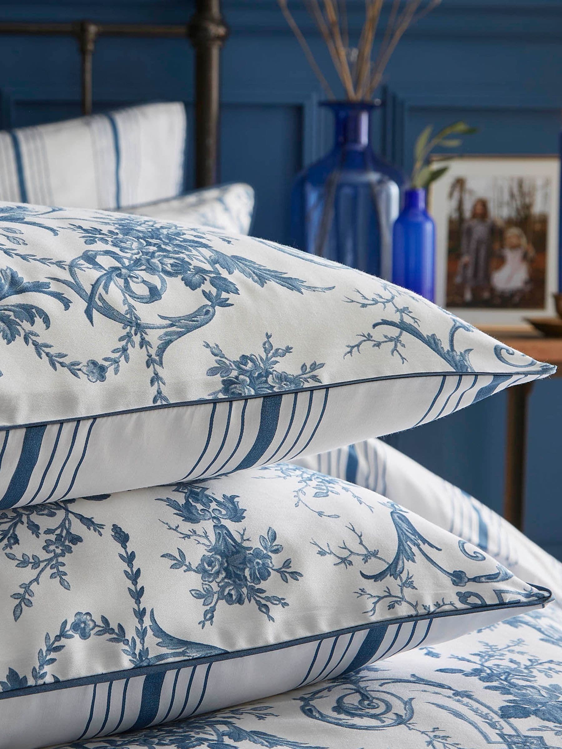 Laura Ashley Blue Midnight Reversible 100% Cotton Sateen 200 Thread Count Tuileries Duvet Cover and Pillowcase Set