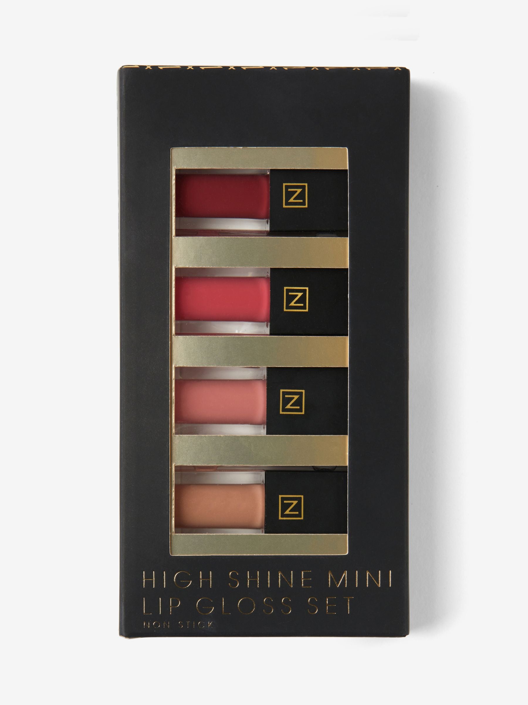 Set of 4 mini high shine lip gloss in Nuditude, Bon Bon, Rhubarb, Very Berry (British brand)