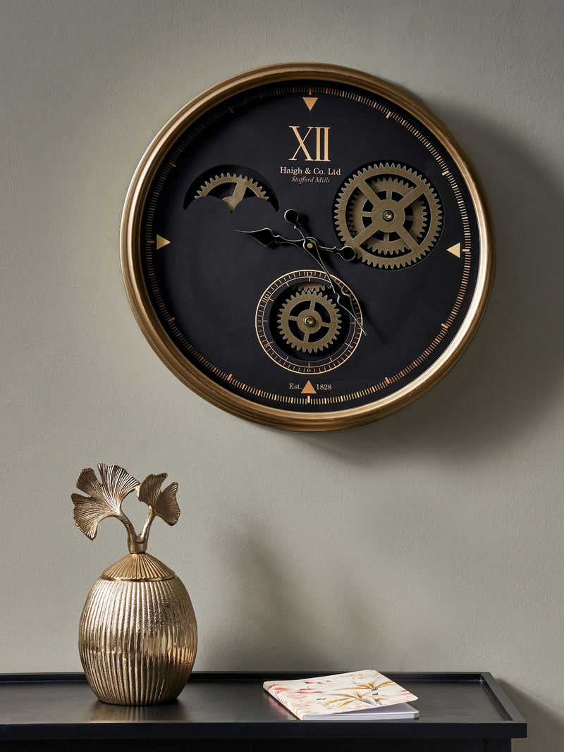 Black champagne gold metal cogs wall clock 50cm, imported from the UK