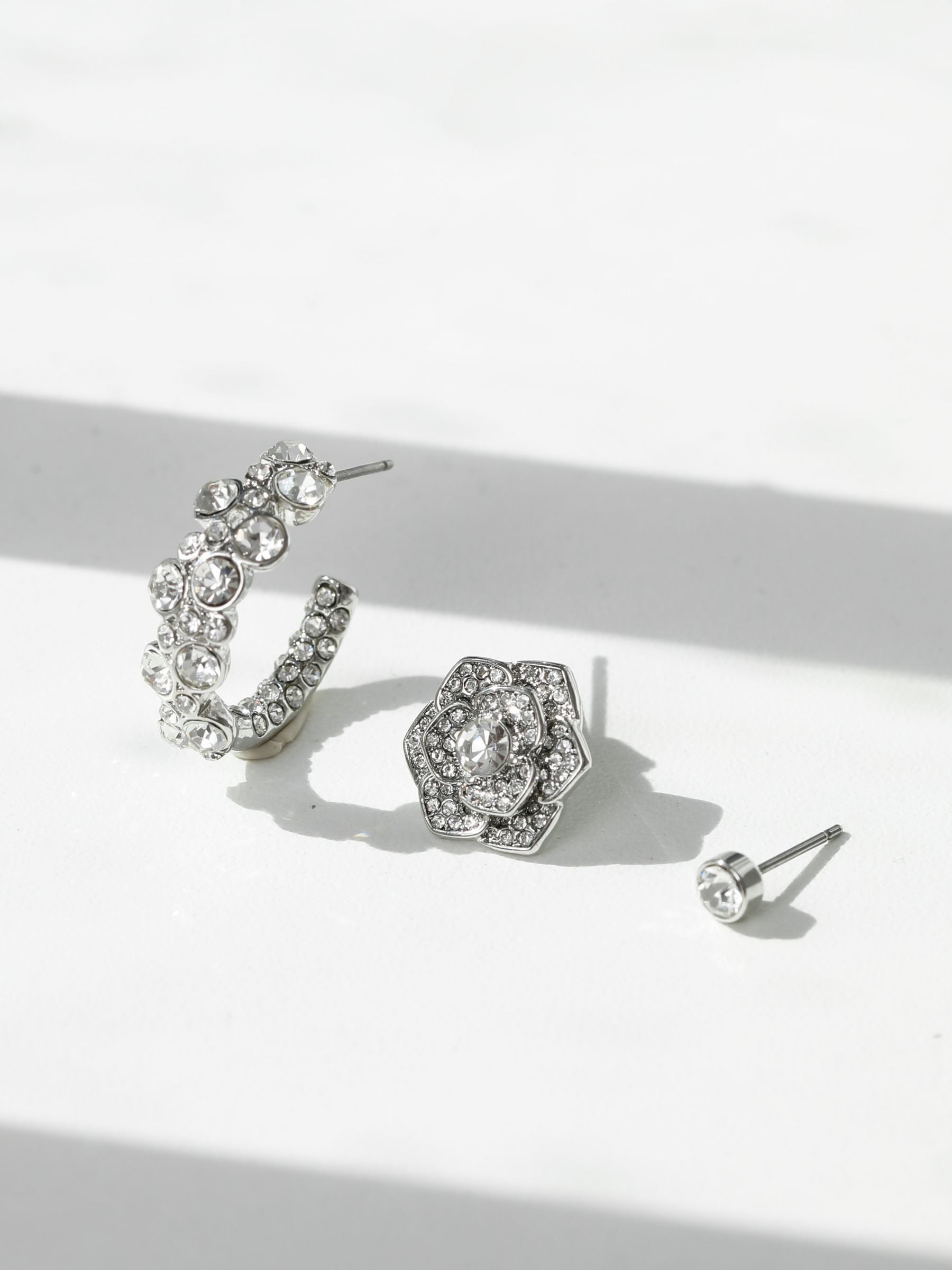 Mood Silver Tone Floral Crystal Stud Hoop Earrings Pack of 3