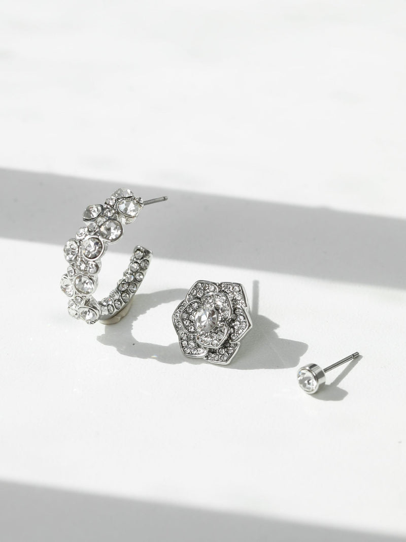 Mood Silver Tone Floral Crystal Stud Hoop Earrings Pack of 3