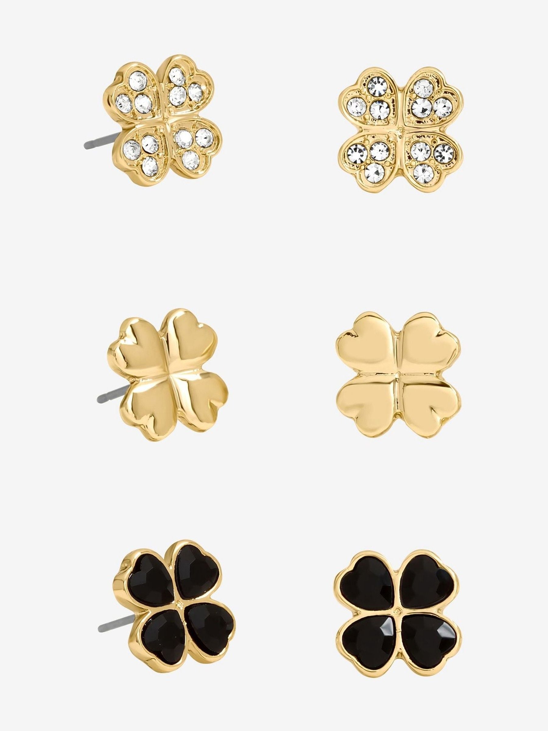 Gold Tone Jet Crystal Clover Stud Earrings Pack of 3