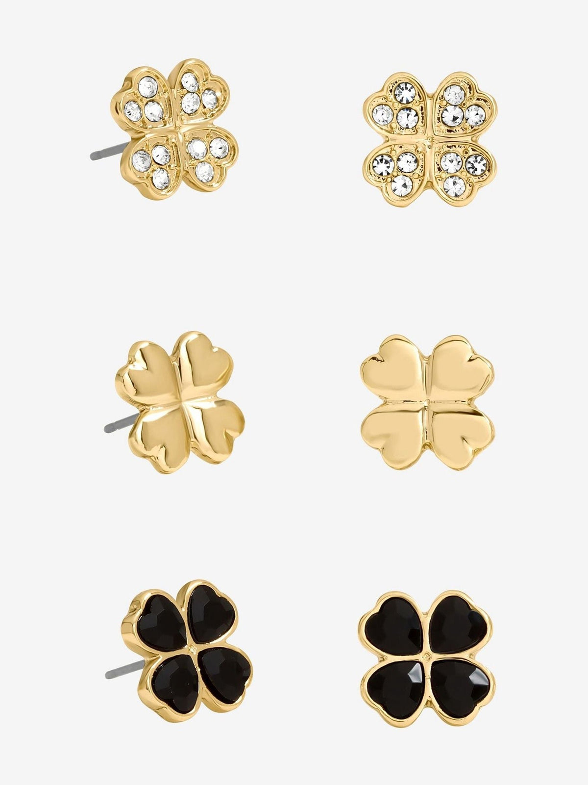 Gold Tone Jet Crystal Clover Stud Earrings Pack of 3