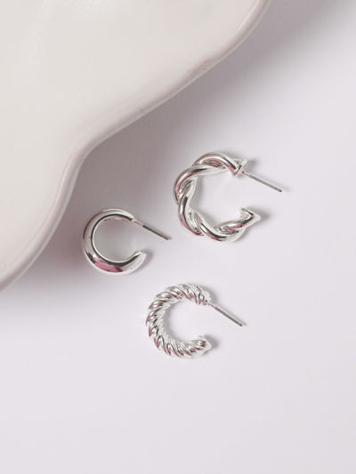 Polished Silver Twist Hoop Earrings, Pack of 3, 25mm x 10mm
