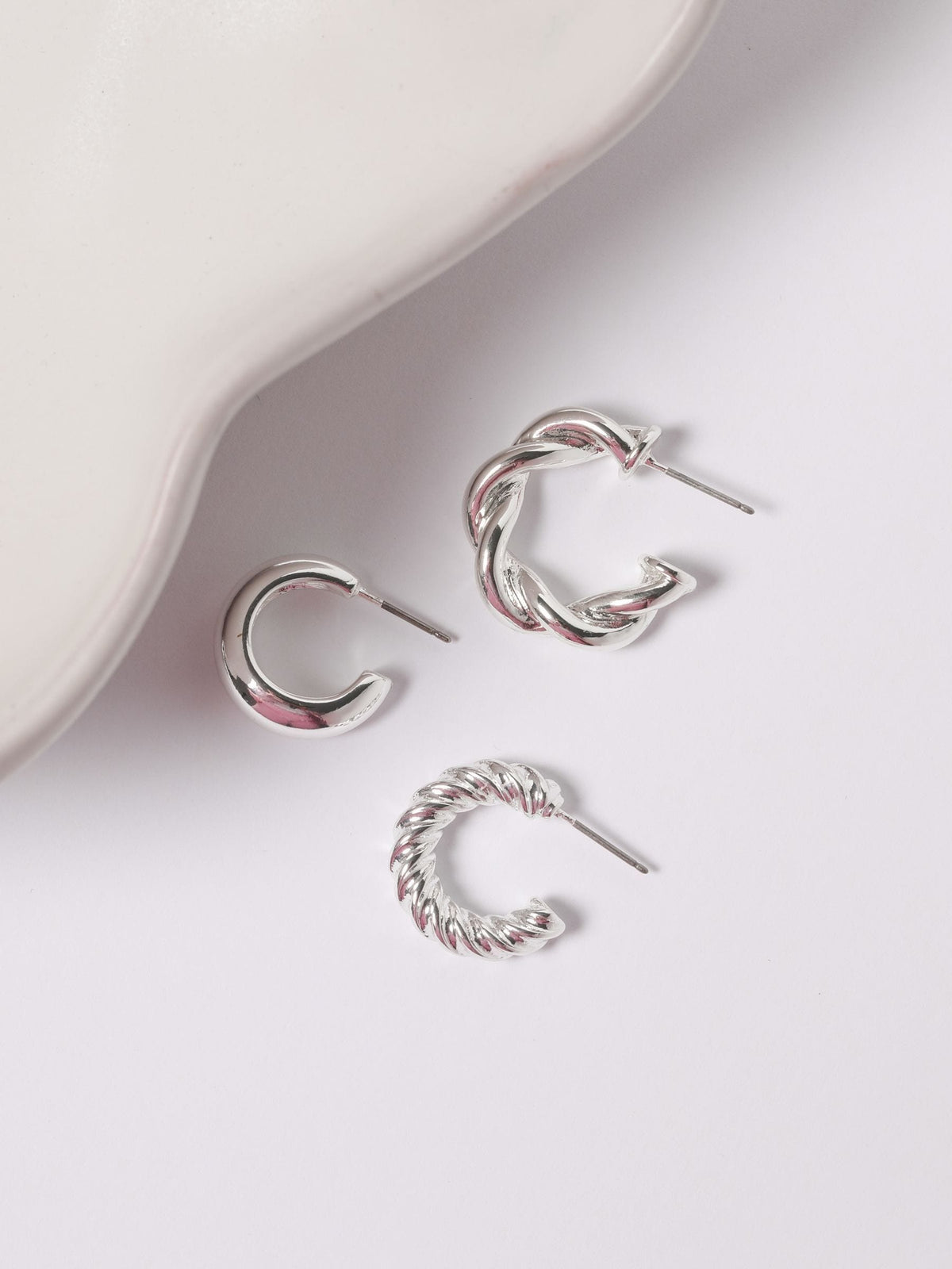 Polished Silver Twist Hoop Earrings, Pack of 3, 25mm x 10mm