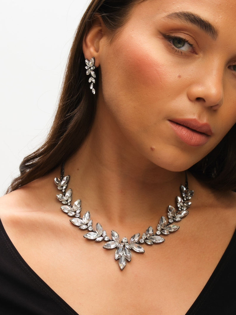 Hematite and Crystal Leaf Y Drop Necklace, 16 Inch Chain