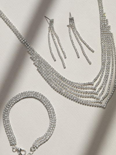 3-Piece Hematite Crystal Stretch Bracelet Set with Silver Plating