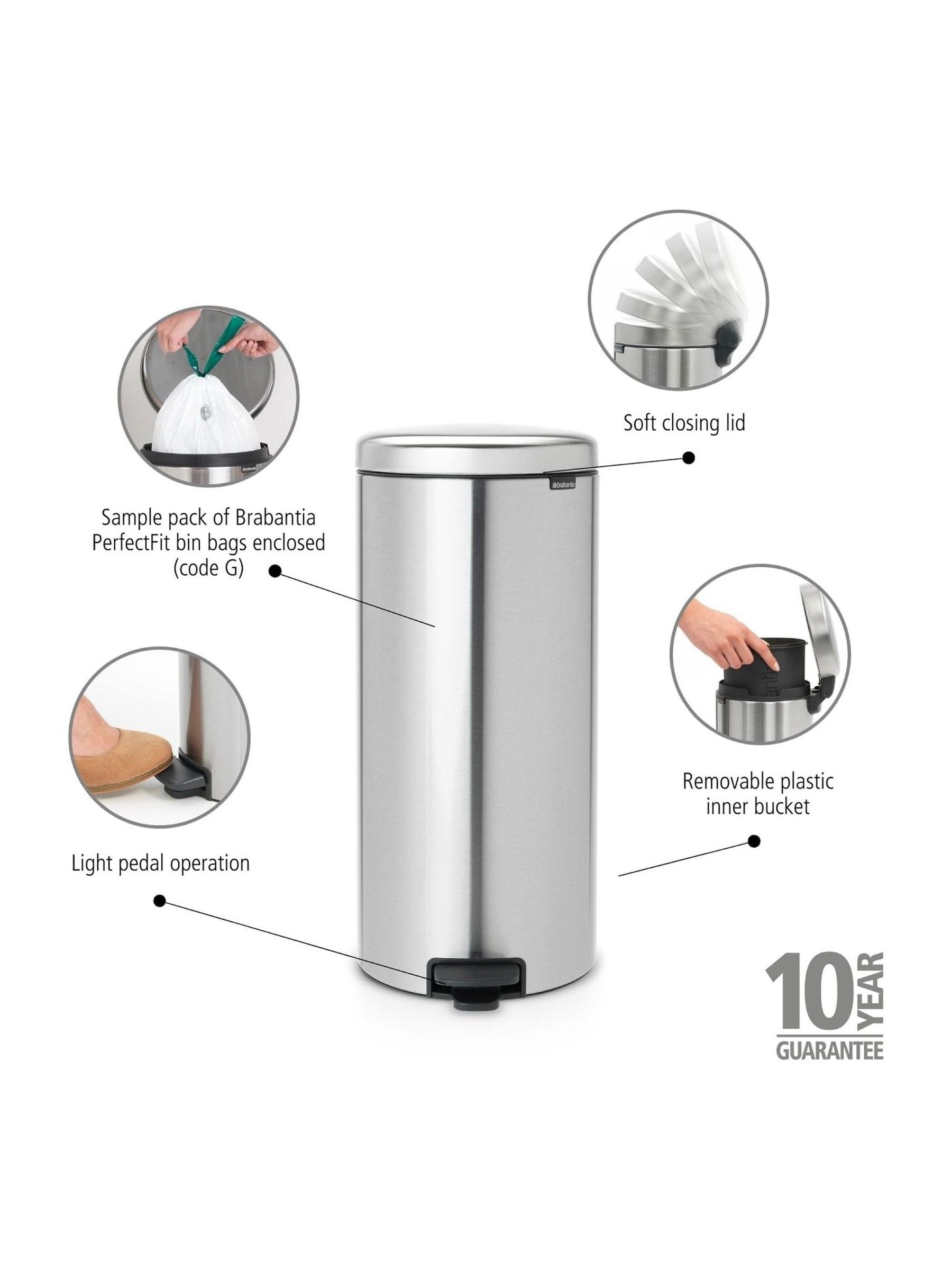 Brabantia matt steel fingerprint proof NewIcon pedal bin 30L - British product