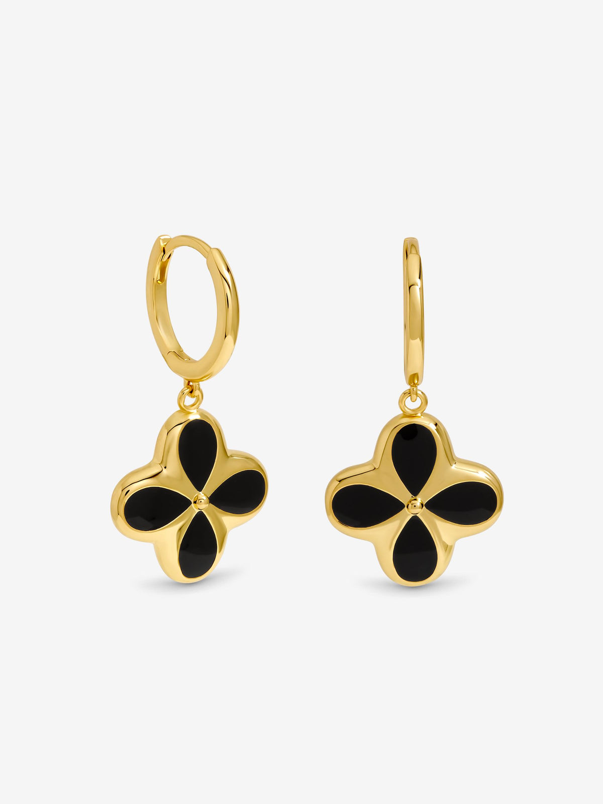 Gold Tone Jet Enamel Clover Earrings 14mm Huggie Hoop