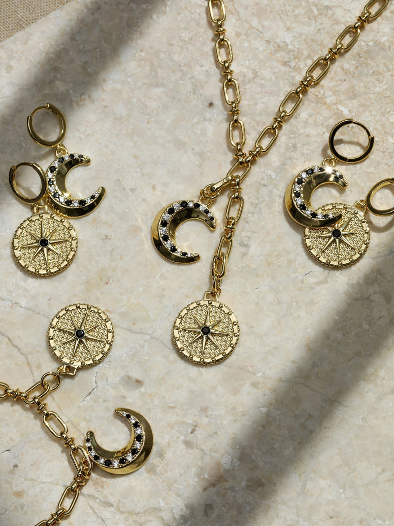 Inicio gold tone celestial moon charm hoop earrings, UK version