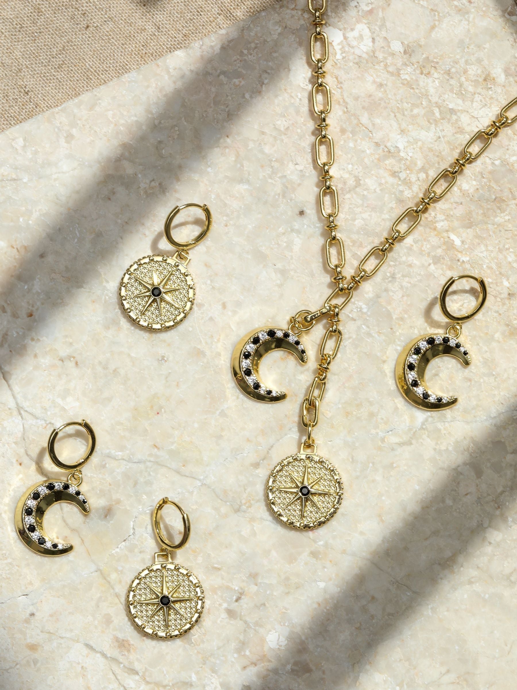 Inicio gold tone celestial moon charm hoop earrings, UK version