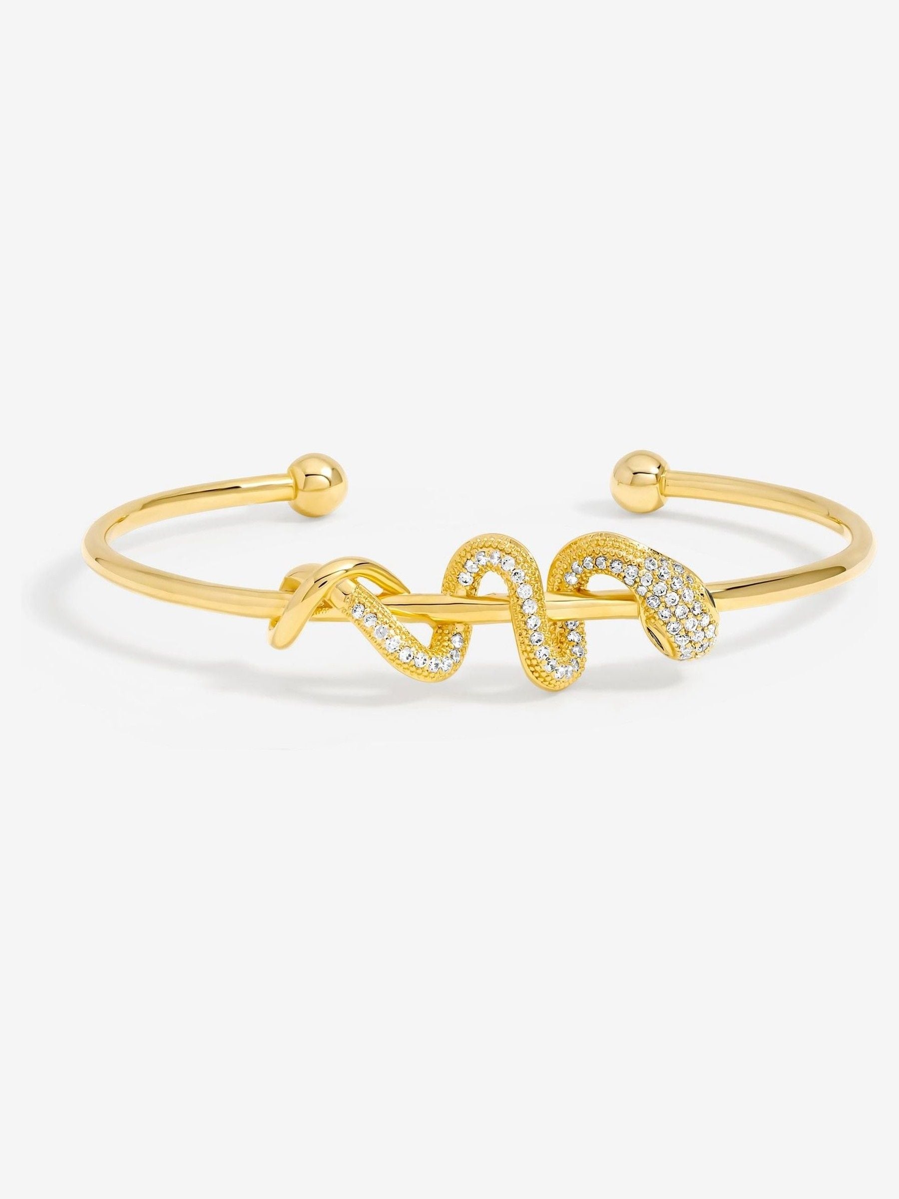 14K Gold Plated Crystal Snake Bracelet Cuff with Lobster Clasp, 50mm Width, 204.4mm Length