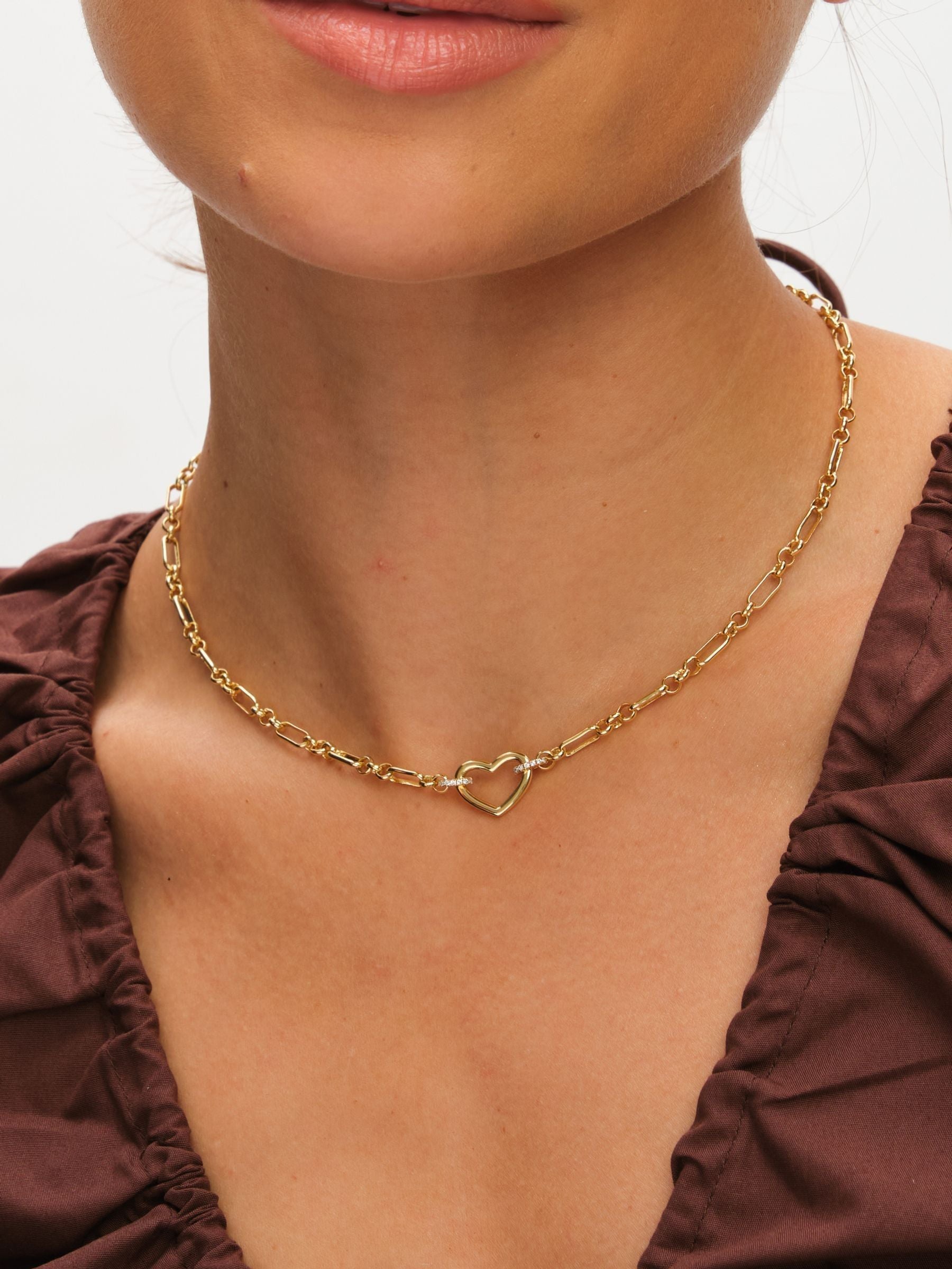 Gold Plated Pave Heart Chain Necklace with Lobster Clasp
