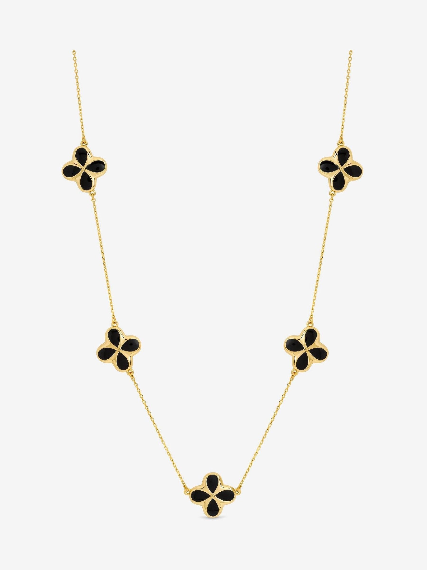 14K Gold Plated Jet Enamel Clover Pendant Necklace 18 Inch