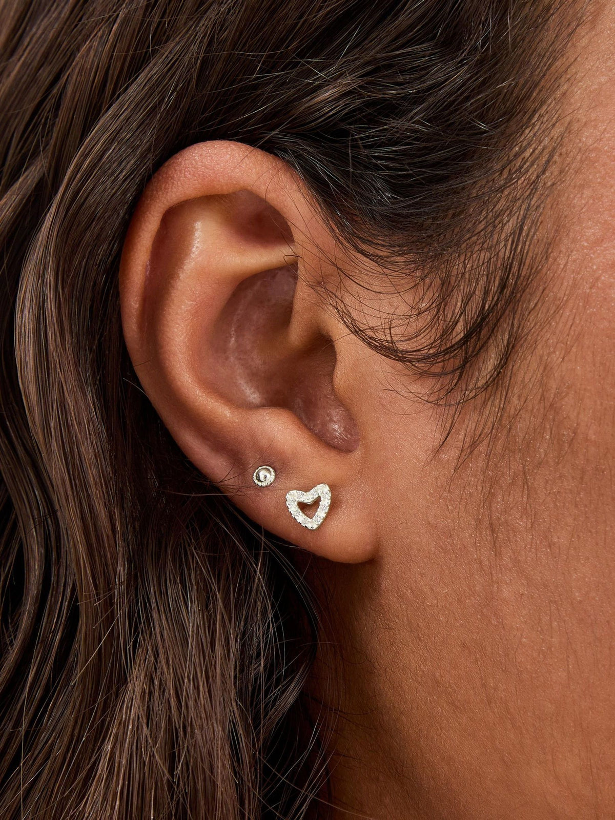 Sterling Silver Heart Stud Earrings with Diamante Accents 2-Pack