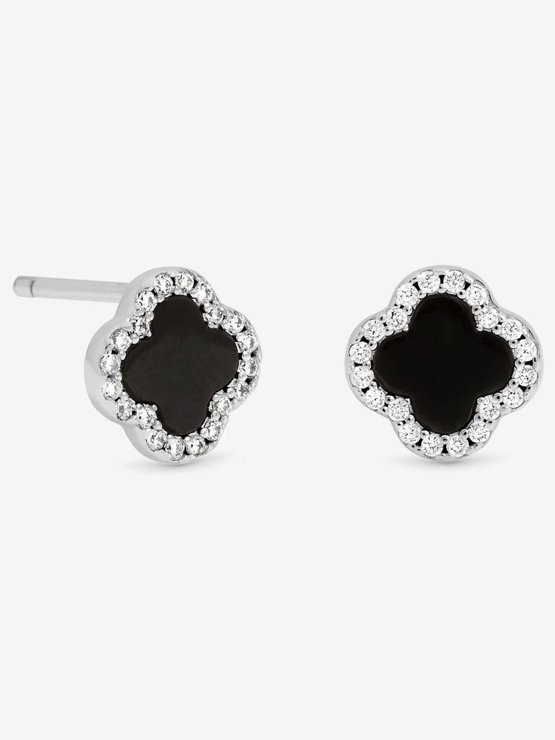 Simply Silver 925 Sterling Silver Pave and Jet Clover Stud Earrings