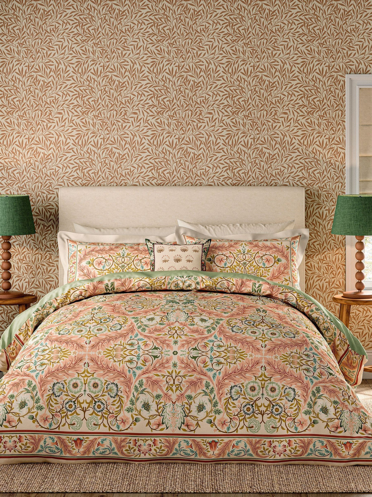Morris & Co Earthly Paradise Rose Pale Olive duvet set, imported from the UK