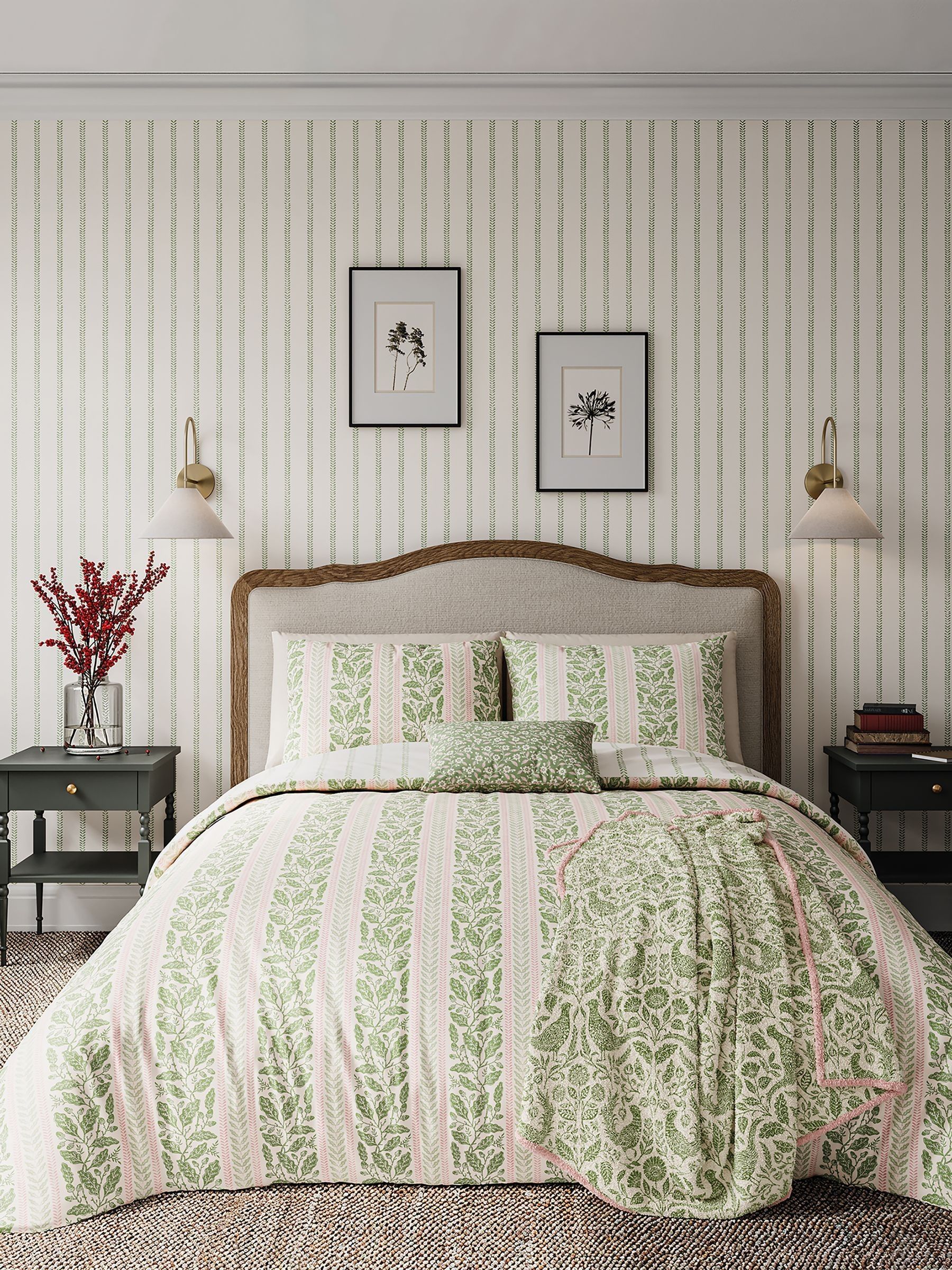 Helena Springfield Green Pink Oak Stripe Duvet Set, UK version