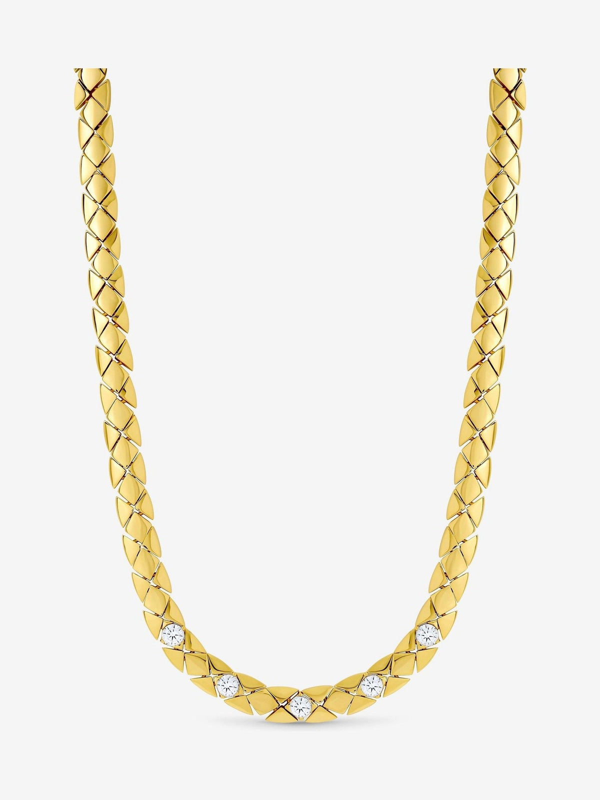 Gold Plated Crystal Flat Chain Necklace with Link Clasp, 432mm Length