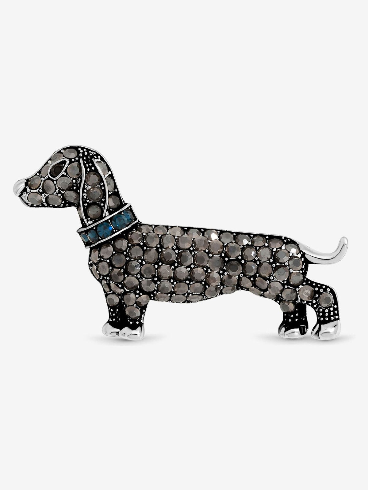 Silver Plated Sausage Dog Brooch with Jet Stones, 45mm Width in Gift Box