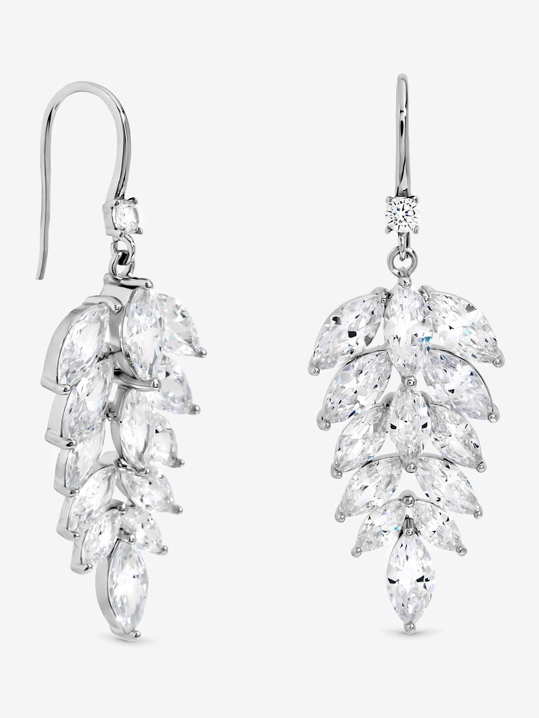 Rhodium Plated Fishhook Leaf Drop Earrings 40mm