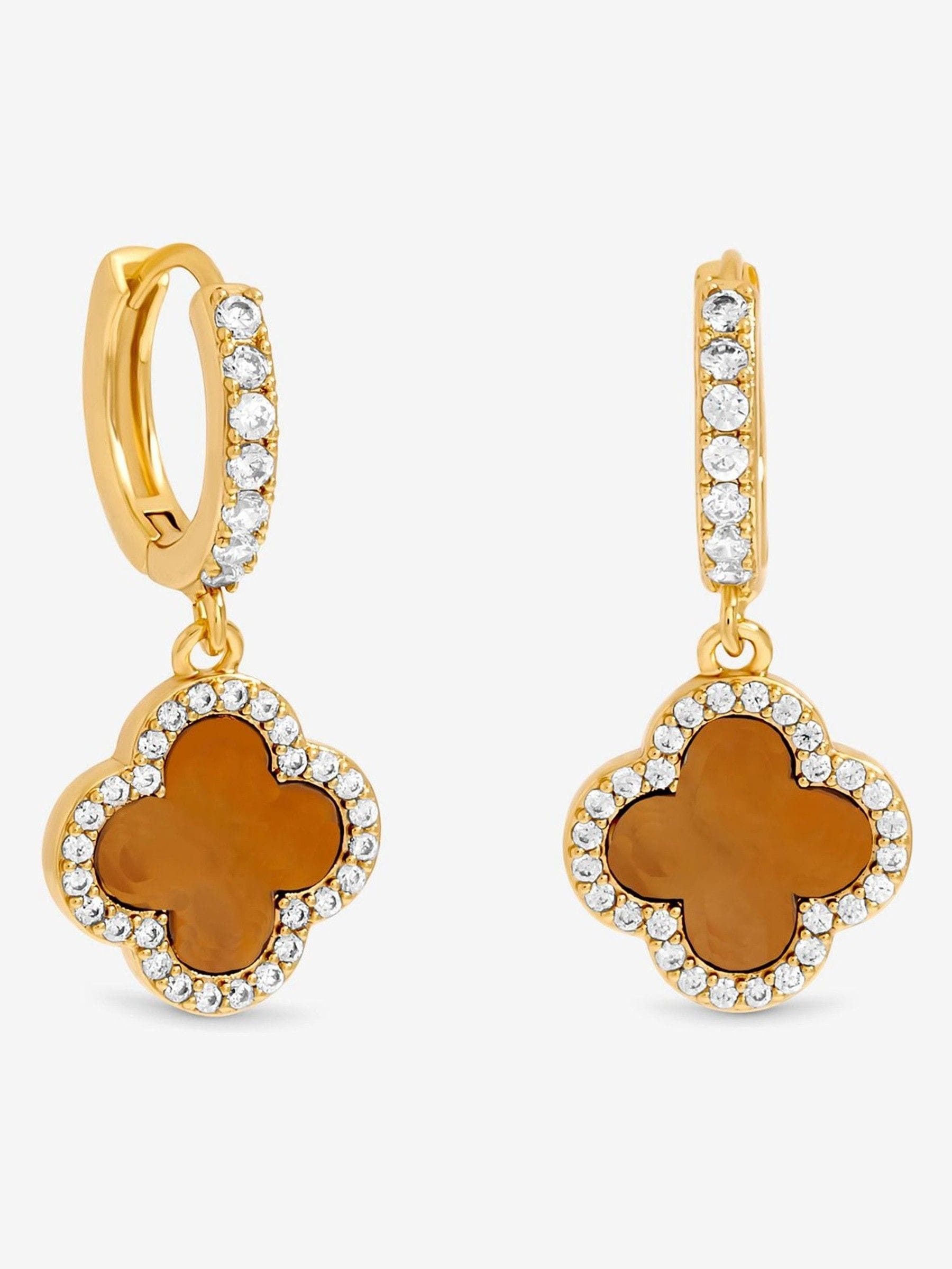 Gold Plated and Tigers Eye Clover Huggie Earrings